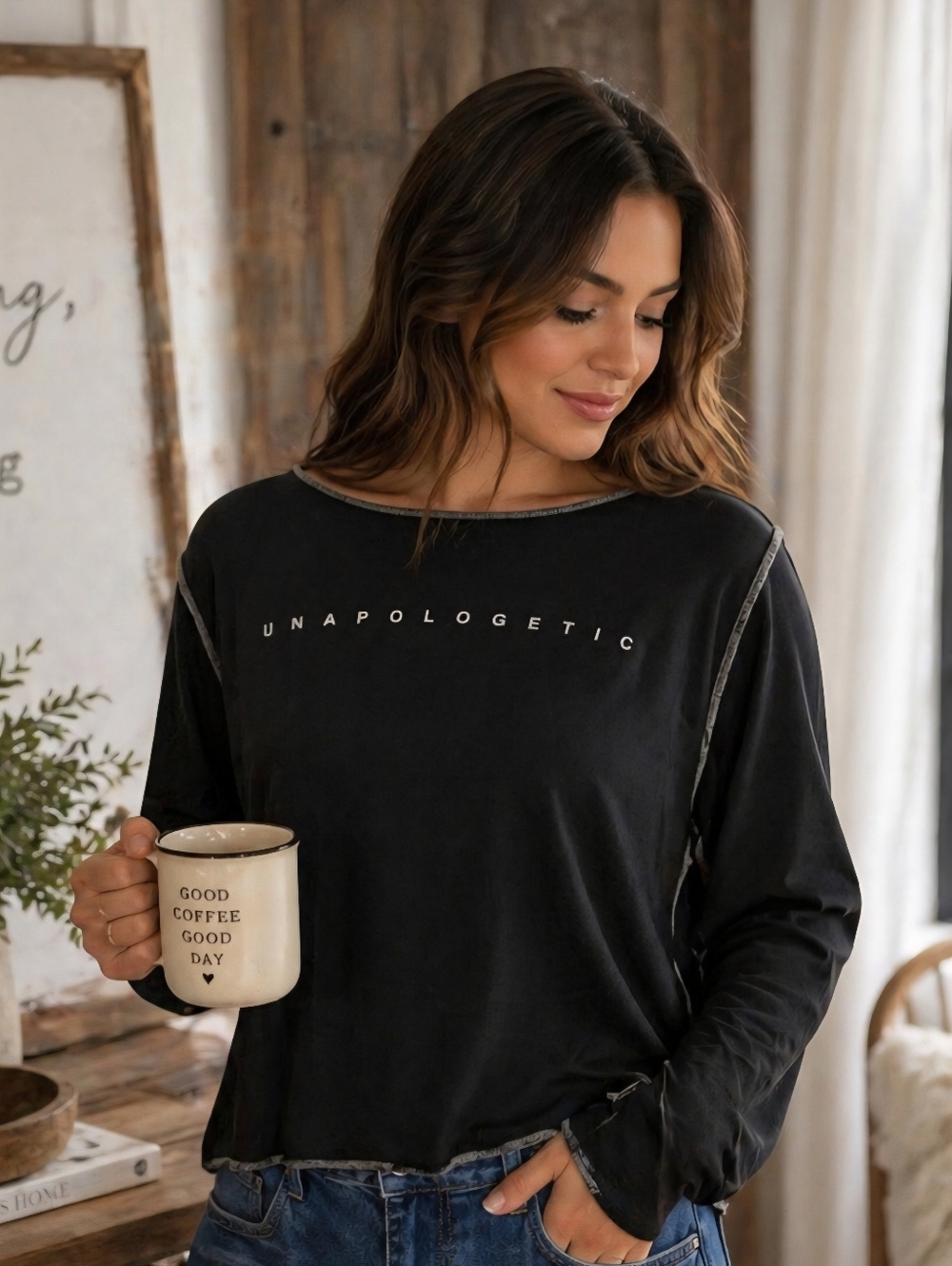 Graphic Long Sleeve Tee 'Unapologetic' Womens 2X, Black, White Contrast Stiching